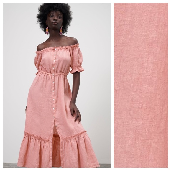 NWT. Zara Pink Linen Ruffled Cold Shoulders Midi Dress. Size S. - Picture 2 of 11